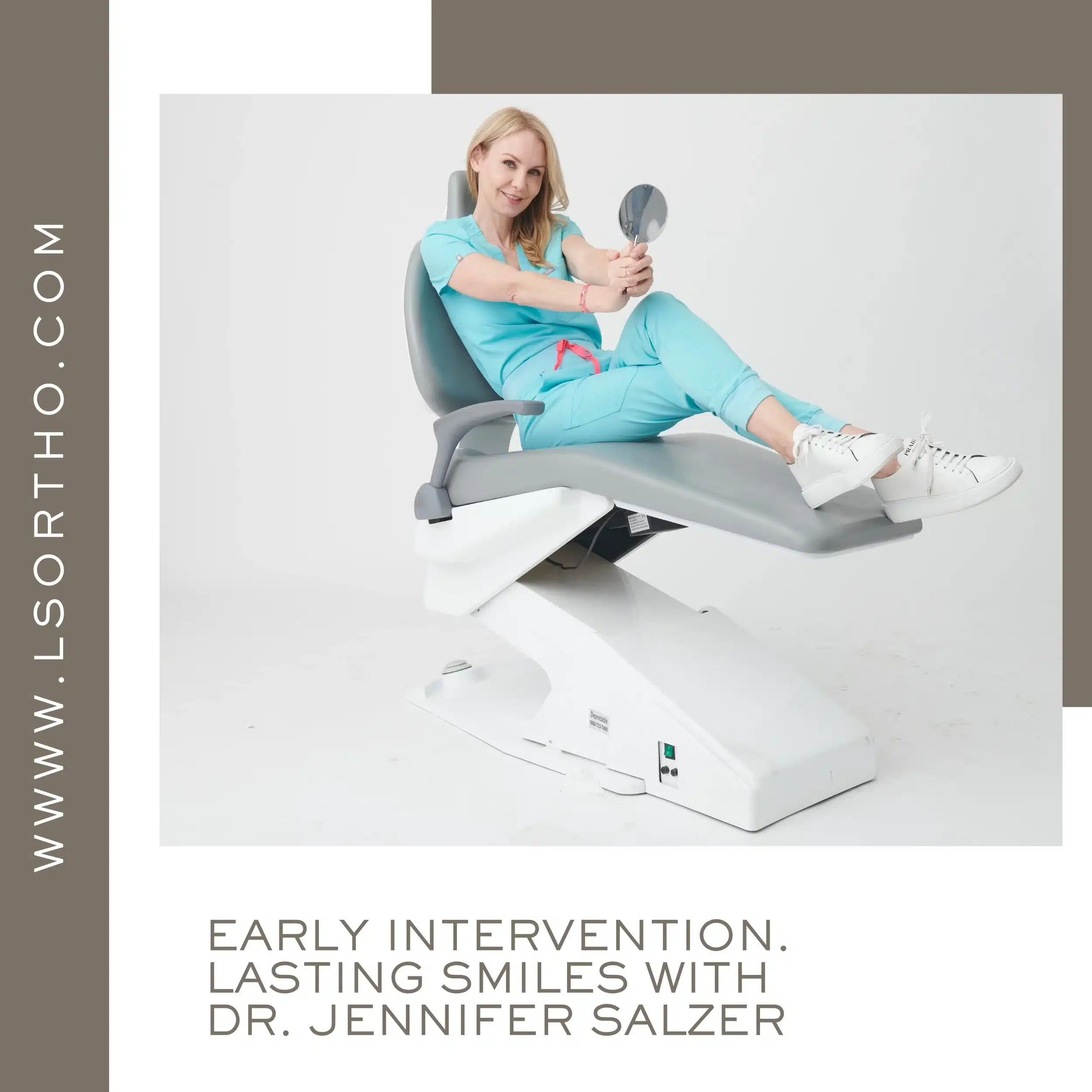 Dr. Jennifer Salzer sitting confidently in an orthodontic chair, highlighting early intervention and personalized orthodontic care at Lemchen Salzer Orthodontics in New York City.
