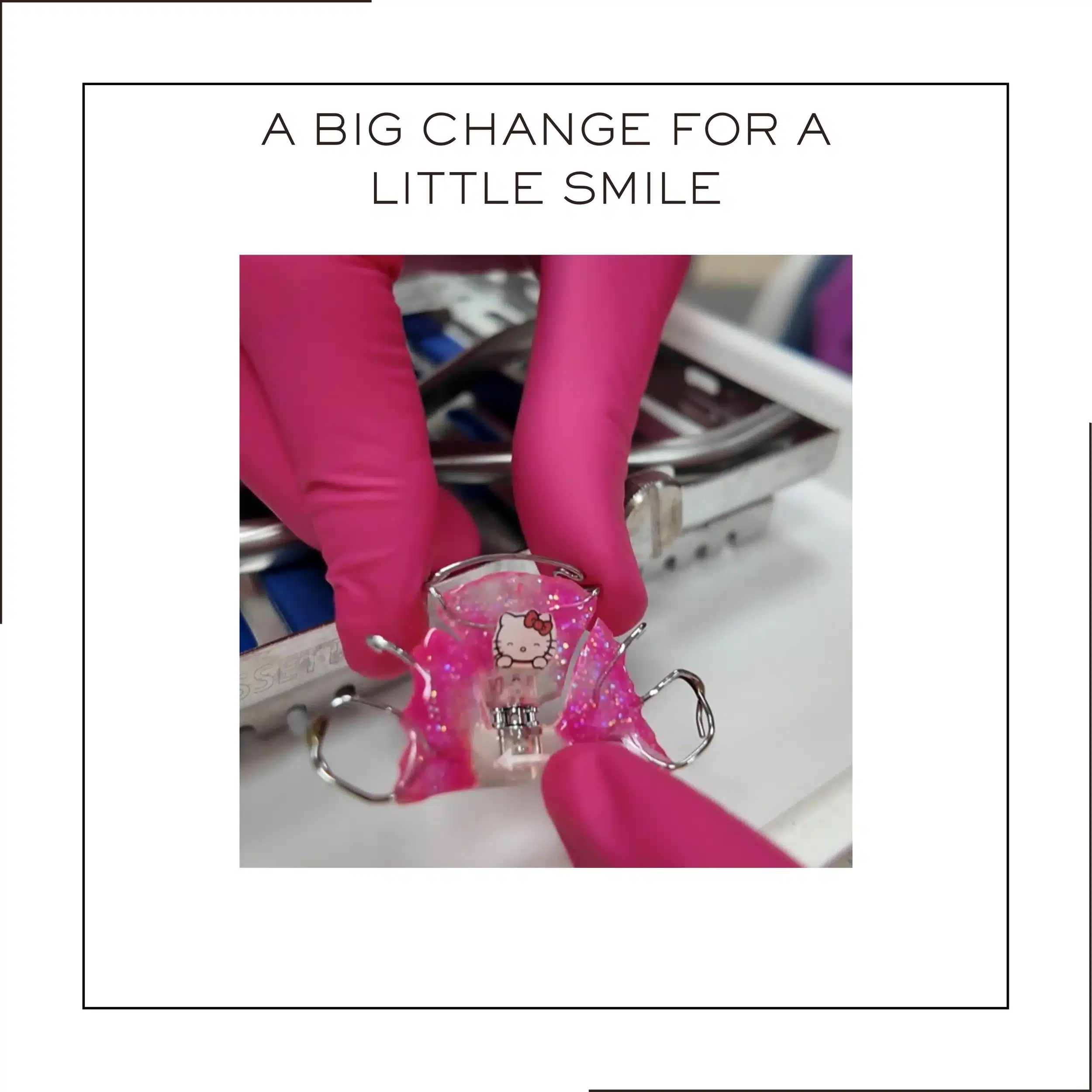 Pink-gloved hands holding a custom Hello Kitty palatal expander designed for a pediatric orthodontic patient.
